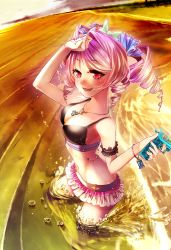 Rule 34 | 1girl, arm up, beach, bikini, bikini skirt, bracelet, breasts, cleavage, collarbone, drill hair, gun, highres, holding, holding gun, holding weapon, jewelry, katia (shironeko project), long hair, medium breasts, necklace, ocean, open mouth, outdoors, pink hair, red eyes, shironeko project, solo, swimsuit, symbol-shaped pupils, unier, water gun, weapon