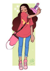 Rule 34 | 1girl, absurdres, blush, borrowed clothes, brown hair, connie maheswaran, dark-skinned female, dark skin, full body, highres, long hair, oversized clothes, pk4g, scabbard, sheath, smelling, smelling clothes, solo, star (symbol), steven universe, strap, sword, sword behind back, weapon, weapon on back