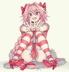 Rule 34 | 1boy, ass, astolfo (fate), blush, bow, braid, choker, double v, dress, fang, fate/apocrypha, fate (series), frills, hair between eyes, hair intakes, hand gesture, high heels, highres, knees up, legs, long braid, long hair, looking at viewer, male focus, multicolored hair, open mouth, panties, pas (paxiti), pink dress, pink footwear, pink hair, pink thighhighs, purple eyes, red bow, simple background, single braid, sitting, smile, solo, streaked hair, striped clothes, striped thighhighs, thighhighs, thighs, trap, underwear, v, white background, white panties