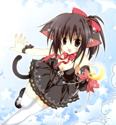 Rule 34 | 1girl, :d, absurdres, animal ears, black hair, cat ears, cat tail, crescent, crescent moon, dress, highres, korie riko, lace, lace-trimmed skirt, lace trim, moon, open mouth, skirt, smile, solo, star (symbol), tail, thighhighs, wand, white thighhighs