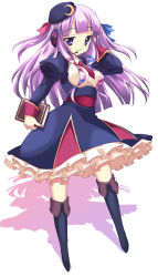 Rule 34 | 1girl, alternate costume, alternate hairstyle, beret, blue ribbon, blush, book, boots, crescent, dress, full body, hat, headset, holding, juliet sleeves, long hair, long sleeves, looking at viewer, lumine (2339), military, military uniform, necktie, patchouli knowledge, puffy sleeves, purple eyes, purple hair, red ribbon, ribbon, simple background, smile, solo, touhou, uniform, white background