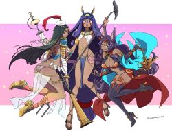 Rule 34 | 3girls, ;q, absurdly long hair, animal ears, armor, asaya minoru, ass, bandaged arm, bandages, bangle, bare shoulders, black footwear, black legwear, boots, bracelet, breasts, bridal gauntlets, brown footwear, cleavage, closed mouth, commentary request, crescent, dark-skinned female, dark skin, earrings, egyptian, egyptian clothes, facial mark, fate/grand order, fate (series), forehead jewel, green eyes, green hair, hair between eyes, hairband, hat, head chain, head tilt, high heel boots, high heels, holding, holding staff, hoop earrings, jackal ears, jewelry, lantern, large breasts, long hair, looking at viewer, looking to the side, low-tied long hair, mini hat, multiple girls, navel, nitocris (fate), oil lamp, one eye closed, open mouth, pauldrons, pink background, profile, purple eyes, purple hair, queen of sheba (fate), revealing clothes, sandals, scheherazade (fate), see-through, shoe soles, shoes, shoulder armor, sidelocks, smile, staff, thigh boots, thighhighs, tilted headwear, tongue, tongue out, twitter username, two-tone background, very long hair, white background, white hat