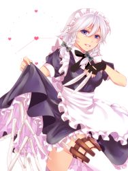 Rule 34 | 1girl, apron, bad id, bad pixiv id, between fingers, blue eyes, braid, clothes lift, female focus, fingerless gloves, frills, gloves, heart, holding, holster, izayoi sakuya, knife, looking at viewer, maid, maid apron, maid headdress, mou-nanimo, ribbon, short hair, silver hair, simple background, skirt, skirt lift, smile, solo, thigh holster, thighhighs, throwing knife, touhou, twin braids, waist apron, weapon, white background, white thighhighs