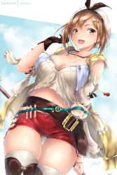 Rule 34 | 1girl, :d, atelier (series), atelier ryza, atelier ryza 1, bad id, bad pixiv id, belt, blush, breasts, brown eyes, brown gloves, brown hair, cowboy shot, flask, gloves, hair ornament, hairclip, hand up, hat, holding, holding staff, hood, hooded vest, hoodie, jewelry, large breasts, looking at viewer, midriff, necklace, open clothes, open mouth, open vest, red shorts, rei kun, reisalin stout, round-bottom flask, short hair, short shorts, shorts, sidelocks, signature, skindentation, smile, solo, staff, star (symbol), thigh gap, thighhighs, thighs, vest, white hat, yellow vest