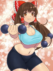 Rule 34 | 1girl, bike shorts, black shorts, blue sports bra, blush, bow, breasts, brown eyes, brown hair, cleavage, closed mouth, commentary request, cookie (touhou), cowboy shot, exercise, frilled bow, frilled hair tubes, frills, hair bow, hair tubes, hakurei reimu, kanna (cookie), large breasts, long hair, looking at viewer, midriff, mo-fu, navel, red bow, shiny skin, shorts, sidelocks, smile, solo, sports bra, star (symbol), touhou, weightlifting, weights