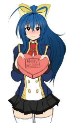 Rule 34 | 1girl, absurdres, antenna hair, blazblue, blazblue remix heart, blue hair, blush, bow, breasts, candy, chocolate, chocolate heart, food, genderswap, genderswap (mtf), hair bow, heart, highres, large breasts, long hair, looking at viewer, mai natsume, ponytail, ribbon, school uniform, skirt, smile, solo, thighhighs, valentine, yellow bow, zettai ryouiki