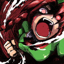 Rule 34 | 1girl, arc system works, blazblue, bleeding, blood, blood on face, braid, clenched hand, daitai konna kanji, embodiment of scarlet devil, ex-meiling, face, fangs, female focus, glowing, glowing eyes, hong meiling, incoming attack, incoming punch, injury, long hair, lowres, open mouth, parody, punching, red eyes, red hair, solo, symbol-shaped pupils, touhou, translated, twin braids