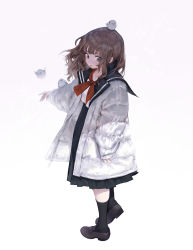 Rule 34 | 1girl, absurdres, animal, animal on arm, animal on head, bird, bird on arm, bird on head, black footwear, black sailor collar, black socks, blush, brown eyes, brown hair, charles (106858), coat, expressionless, full body, gradient background, highres, long hair, long sleeves, on head, original, sailor collar, shoes, sleeves past wrists, socks, solo, standing, white background, white coat