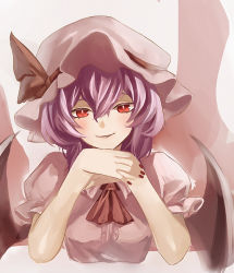 Rule 34 | 1girl, ascot, bat wings, dress, eredhen, gendou pose, gradient background, hands clasped, hat, hat ribbon, looking at viewer, mob cap, own hands clasped, own hands together, pink dress, puffy sleeves, purple hair, red eyes, remilia scarlet, ribbon, smile, solo, touhou, upper body, wings