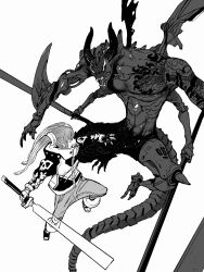 Rule 34 | 1boy, 1girl, acky bright, clenched teeth, demon, demon horns, dual wielding, extra arms, fangs, highres, holding, horns, jacket, mechanical arms, mechanical wings, original, pointy ears, single mechanical arm, skull, sword, tattoo, teeth, twintails, weapon, white background, wings
