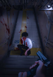 Rule 34 | 1boy, 1other, absurdres, amputee, black hair, black necktie, black pants, blood, blood on clothes, blood splatter, blurry, depth of field, gun, gurio0505, guro, handgun, highres, holding, holding weapon, monster, necktie, no pupils, original, pants, pov, reloading, sharp teeth, smoke, smoking gun, squatting, stairs, stairwell, tactile paving, teeth, tongue, tongue out, weapon