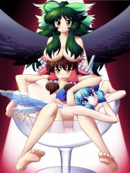 Rule 34 | 3girls, ass, bad anatomy, bad feet, barefoot, blue eyes, bow, breast rest, breasts, breasts on head, brown eyes, brown hair, censored, cirno, convenient censoring, cup, drinking glass, artistic error, feet, green hair, hair bow, hair censor, hair over breasts, hakurei reimu, highres, in container, in cup, large breasts, long hair, multiple girls, nude, oversized object, poorly drawn, raionsan, reiuji utsuho, touhou, wine glass, wings, yellow eyes