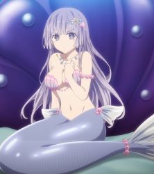 Rule 34 | 1girl, bare shoulders, blue eyes, blue hair, blush, bracelet, breasts, cleavage, collarbone, date a live, groin, hair ornament, hand on own chest, highres, izayoi miku, jewelry, large breasts, long hair, mermaid, monster girl, navel, necklace, pearl bracelet, scales, screencap, shell, shell bikini, star (symbol), star hair ornament, stitched, stomach, third-party edit