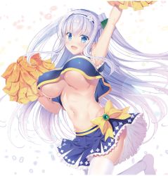 Rule 34 | 1girl, arm up, armpits, bad id, bad twitter id, blue eyes, blue skirt, bow, breasts, cheerleader, cowboy shot, flower, flower knight girl, hair flower, hair ornament, hairband, kinutasou (flower knight girl), large breasts, long hair, midriff, naruse mamoru, navel, no bra, pom pom (cheerleading), simple background, skirt, smile, solo, standing, sweat, thighhighs, two side up, underboob, waist bow, white background, white hair, white thighhighs, yellow bow, zettai ryouiki