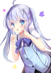 Rule 34 | 1girl, ahoge, bad id, bad pixiv id, black skirt, blue bow, blue eyes, blue hair, blue vest, blush, bow, collared shirt, commentary request, gochuumon wa usagi desu ka?, hair between eyes, hands up, highres, index finger raised, kafuu chino, long hair, looking at viewer, natuna natu, open mouth, puffy short sleeves, puffy sleeves, rabbit house uniform, shirt, short sleeves, simple background, skirt, solo, star (symbol), starry background, twintails, uniform, upper body, very long hair, vest, waitress, white background, white shirt