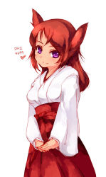 Rule 34 | 1girl, animal ears, blush, fang, fox ears, japanese clothes, looking at viewer, miko, nekohige, original, own hands together, purple eyes, red hair, solo, white background