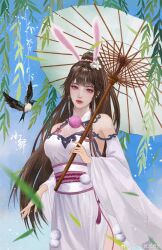Rule 34 | 1girl, absurdres, animal ears, artist request, bird, breasts, brown hair, closed mouth, douluo dalu, dress, dust, flower, hair flower, hair ornament, hair tie, highres, holding, holding umbrella, leaf, long hair, looking at viewer, medium breasts, ponytail, rabbit ears, sash, second-party source, single bare shoulder, solo, umbrella, upper body, white dress, xiao wu (douluo dalu)