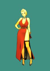 Rule 34 | 1girl, bare shoulders, black footwear, breasts, cleavage, dress, earrings, full body, gloves, halftone, hand on own hip, highres, jewelry, large breasts, limited palette, looking at viewer, mature (kof), over-kneehighs, red dress, red eyes, shoes, side slit, single glove, sleeveless, sleeveless dress, snk, solo, standing, suyinliao, the king of fighters, thighhighs