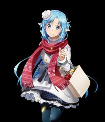 Rule 34 | 10s, 1girl, asuna (sao), asuna (sao-alo), blue eyes, blue hair, blue pantyhose, coat, floating hair, flower, hair flower, hair ornament, holding, long hair, looking at viewer, pantyhose, pointy ears, red scarf, scarf, smile, solo, standing, sword art online, transparent background, very long hair, white flower