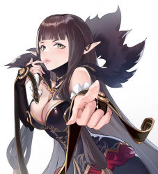 Rule 34 | 1girl, absurdres, black dress, black gloves, blush, breasts, bridal gauntlets, brown hair, cleavage, closed mouth, commentary, dress, fate/grand order, fate (series), finger to mouth, foreshortening, fur trim, gloves, highres, index finger raised, large breasts, lips, long hair, looking at viewer, outstretched arm, pointy ears, saliva, semiramis (fate), simple background, smile, solo, straight hair, upper body, very long hair, wet, white background, yellow eyes, zuihou de miao pa si