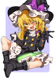 Rule 34 | bad id, bad twitter id, black dress, black footwear, black gloves, blonde hair, boots, bottle, bow, braid, cup, dress, drinking glass, drunk, gloves, hair bow, hat, hat bow, highres, kirisame marisa, knee up, long hair, long sleeves, looking at viewer, manarou, one eye closed, open mouth, sake bottle, simple background, single braid, sitting, skirt, solo, touhou, white skirt, witch hat, yellow eyes