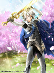 Rule 34 | 1boy, arm up, armor, black panties, blue cape, cape, cherry blossoms, corrin (fire emblem), corrin (male) (fire emblem), corrin (male) (fire emblem), day, fire emblem, fire emblem cipher, fire emblem fates, floating hair, gloves, grey gloves, holding, holding sword, holding weapon, long hair, looking at viewer, male focus, nintendo, official art, outdoors, outstretched arm, panties, pointy ears, red eyes, silver hair, solo, standing, sunlight, sword, toyota saori, underwear, weapon, yato (fire emblem)