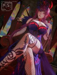 Rule 34 | 1girl, artist name, bare shoulders, breasts, chair, cleavage, closed mouth, collar, crossed legs, dated, detached sleeves, dress, fascinator, fire emblem, fire emblem engage, fishnet thighhighs, fishnets, flower, hair ornament, hand on own shoulder, highres, indoors, irisl, ivy (fire emblem), large breasts, long hair, looking at viewer, nintendo, pink eyes, purple dress, purple hair, red flower, red rose, rose, sitting, solo, stained glass, thighhighs, thighs, thorn print, twitter username