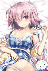 Rule 34 | 1girl, :&lt;, bag, bare shoulders, bed, black-framed eyewear, breasts, buttons, casual, checkered clothes, checkered dress, cleavage, closed mouth, collarbone, commentary request, dress, unworn eyewear, fate (series), fujima takuya, glasses, gloves, groin, hair over one eye, hand on own stomach, handbag, head tilt, holding, holding removed eyewear, jacket, long sleeves, looking at viewer, lying, mash kyrielight, mash kyrielight (senpai killer outfit), medium breasts, midriff peek, navel, no bra, official alternate costume, on back, open clothes, open jacket, panties, panty pull, pink hair, purple eyes, short hair, sleeveless, sleeveless dress, smile, solo, stomach, strap slip, twitter username, unbuttoned, underwear, white gloves, yellow jacket