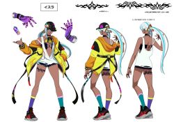 Rule 34 | 1girl, asymmetrical footwear, bare arms, bare shoulders, baseball cap, blue hair, breasts, cleavage, concept art, dark skin, disembodied hand, finger tattoo, green eyes, hat, highres, isla (kof), leg tattoo, light blue hair, long hair, mask, mask around neck, midriff, mismatched footwear, multicolored hair, navel, official art, ogura eisuke, oversized clothes, paint can, respirator, shoes, short shorts, shorts, sneakers, snk, solo, spray can, spray paint, streaked hair, tank top, tattoo, the king of fighters, the king of fighters xv, white tank top