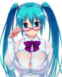 Rule 34 | &gt;:(, 100 percent (vocaloid), 1girl, :&lt;, adjusting eyewear, alternate breast size, aqua eyes, aqua hair, aqua nails, bespectacled, blue eyes, blue hair, blush, bow, bowtie, bra, breasts, bursting breasts, cleavage, dress shirt, frown, glasses, hatsune miku, highres, hisasi, huge breasts, large breasts, lingerie, long hair, long sleeves, looking at viewer, looking over eyewear, matching hair/eyes, nail polish, pink-framed eyewear, plaid, plaid bow, plaid bowtie, plaid neckwear, pout, ribbon, see-through, shirt, simple background, solo, straining buttons, tight clothes, twintails, underwear, upper body, vocaloid, white background, white shirt, yamaha
