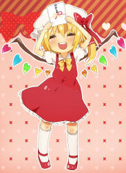 Rule 34 | 1girl, adapted costume, alternate wings, arms up, blonde hair, bow, bowtie, closed eyes, collared shirt, dress, flandre scarlet, full body, hat, hat bow, heart, highres, holding, kneehighs, mary janes, medium hair, mob cap, multicolored wings, new year, one side up, open mouth, pigeon-toed, pinafore dress, puffy short sleeves, puffy sleeves, red bow, red dress, red footwear, shirt, shoes, short sleeves, sleeveless, sleeveless dress, socks, solo, tamana, teeth, touhou, upper teeth only, white hat, white shirt, white socks, wings, yellow bow, yellow bowtie