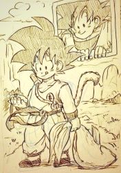 Rule 34 | 1boy, age difference, black eyes, black hair, cloud, dougi, dragon ball, dragonball z, dual persona, fish, grass, happy, looking at another, male focus, monochrome, mountain, ruyi jingu bang, radar, simple background, smile, son goku, tail, time paradox, tkgsize, tongue, tongue out, window, wristband