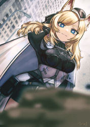Rule 34 | 1girl, :3, animal ear fluff, animal ears, arknights, black headwear, black ribbon, blonde hair, blue eyes, breasts, building, cape, commentary request, day, garrison cap, hair between eyes, hair ribbon, hand on own head, hat, highres, horse ears, horse girl, kingdom of kazimierz logo, long hair, looking at viewer, medium breasts, mini hat, open mouth, pouch, ribbon, signature, smile, wanko (realsight), whislash (arknights), white cape
