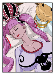 Rule 34 | 1boy, 1girl, :&gt;, absurdres, anythinggoes, bed, breasts, closed eyes, crown, hetero, highres, large breasts, lipstick, long hair, long twintails, looking at another, lying, makeup, marine (one piece), no bra, on bed, one piece, perona, pink hair, shiny skin, shirt, sleeping, very long hair, you gonna get raped