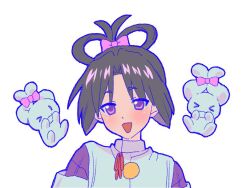 &gt;_&lt; &gt;_o 1boy :3 :d alternate_hairstyle black_hair blue_outline blush bow bow-shaped_hair cinnamoroll cropped_shoulders hair_bow hair_ribbon houjou_tokiyuki_(nige_jouzu_no_wakagimi) japanese_clothes kariginu long_hair looking_at_viewer male_focus nige_jouzu_no_wakagimi one_eye_closed open_mouth outline parted_bangs pink_ribbon purple_eyes ribbon sidelocks_tied_back simple_background smile solo tied_ears universe7770 white_background