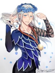 Rule 34 | 1boy, bishounen, blue eyes, blue flower, blue rose, blush, commentary, cowboy shot, fingernails, floating hair, flower, gearous, grey hair, hands up, head wreath, long hair, looking away, male focus, medal, petals, rose, simple background, smile, standing, symbol-only commentary, teeth, upper body, viktor nikiforov, white background, aged down, yuri!!! on ice