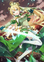 Rule 34 | 1girl, armor, black gloves, blonde hair, boots, breasts, cleavage, commentary request, dress, floating hair, gabiran, gloves, green armor, green dress, green eyes, hair between eyes, hair ornament, holding, holding sword, holding weapon, knee boots, large breasts, leafa (terraria), long hair, looking at viewer, open mouth, outdoors, ponytail, ribbon, solo, sword, sword art online, teeth, thigh boots, thighhighs, thighs, upper teeth only, very long hair, weapon, white thighhighs