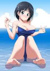 Rule 34 | 1girl, ass, bare arms, bare shoulders, barefoot, black hair, blue eyes, blue sky, blush, breasts, clothes pull, cloud, competition school swimsuit, day, embarrassed, feet, hair ornament, hairclip, highres, index finger raised, kirigaya suguha, large breasts, looking at viewer, nori tamago, nose blush, one-piece swimsuit, one-piece swimsuit pull, outdoors, school swimsuit, short hair, sitting, sky, soles, solo, swimsuit, sword art online, thighs, toes, water
