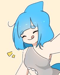 Rule 34 | 1girl, blue hair, blunt bangs, closed eyes, fins, fish tail, grey one-piece swimsuit, highres, lemyawn, medium hair, one-piece swimsuit, original, shark fin, shark tail, sharkini, simple background, smile, solo, swimsuit, tail, tongue, tongue out, tori (lemyawn), upper body, yellow background