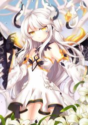 Rule 34 | 1girl, armpits, bad id, bad twitter id, bare shoulders, detached sleeves, dragon, dragon horns, drone, elsword, eve (elsword), facial mark, floral background, gem, highres, horns, inactive account, long hair, mechanical ears, mnyang o o, silver hair, slit pupils, yellow eyes
