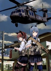 Rule 34 | 2girls, adaptive combat rifle, aircraft, animal ears, assault rifle, atlanta (warship girls r), blue hair, bow, bowtie, brown eyes, building, cat ears, city, cloud, commentary, gloves, gun, hair tie, handgun, headset, helicopter, highres, holster, juneau (warship girls r), kemonomimi mode, knee pads, load bearing vest, long hair, looking at viewer, looking back, magazine (weapon), medium hair, military, multiple girls, muzzle device, pistol, pleated skirt, ponytail, power lines, red eyes, red hair, rifle, school uniform, shielldsiri, skirt, sky, sleeves rolled up, smile, thigh holster, thighhighs, traffic light, trigger discipline, uh-60 blackhawk, warship girls r, weapon, weapon request, zettai ryouiki