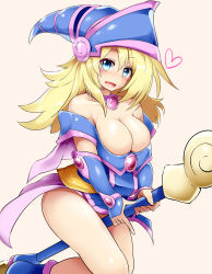 Rule 34 | 1girl, bare legs, bare shoulders, blonde hair, blue eyes, blush, boots, breasts, collar, dark magician girl, detached sleeves, duel monster, female focus, hat, heart, highres, large breasts, long hair, looking at viewer, mizuyan, no bra, riding, simple background, smile, solo, wand, wizard hat, yu-gi-oh!, yuu-gi-ou, yu-gi-oh! duel monsters