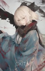 Rule 34 | 1girl, ahoge, black bow, black scarf, blonde hair, blood, blood on clothes, blood on face, bow, character name, commentary request, fate (series), highres, japanese clothes, kimono, koha-ace, marumoru, okita souji (fate), okita souji (koha-ace), scarf, short hair, solo, torn clothes, torn scarf, white kimono, yellow eyes