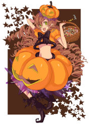 Rule 34 | 1girl, bad id, bad pixiv id, basket, boots, bow, brown background, brown hair, candy, checkerboard cookie, cookie, curly hair, food, food as clothes, food-themed clothes, green eyes, halloween, jack-o&#039;-lantern, osamu (jagabata), pumpkin, pumpkin costume, pumpkin hat, smile, solo