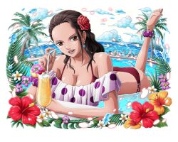 Rule 34 | 1girl, bikini, black hair, breasts, brown eyes, cleavage, flower, hair flower, hair ornament, hibiscus, large breasts, long hair, looking at viewer, official art, one piece, one piece treasure cruise, palm tree, red flower, solo, swimsuit, tree, viola (one piece), water