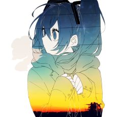Rule 34 | 1girl, blue eyes, blue hair, coat, crypton future media, double exposure, eiku, from side, gradient background, hair between eyes, hatsune miku, jacket, long hair, looking away, photo background, piapro, sleeves past wrists, solo, twintails, upper body, vocaloid, white background