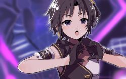 Rule 34 | 1girl, armband, black gloves, black hair, blurry, blurry background, breasts, choker, commentary request, dot nose, frilled vest, frills, gloves, hair ornament, hands up, heart, heart hands, highres, idolmaster, idolmaster million live!, idolmaster million live! theater days, kikuchi makoto, light blush, looking away, open mouth, purple eyes, short hair, small breasts, solo, stage, toro (shiro), two-tone vest, upper body, v-shaped eyebrows, vest