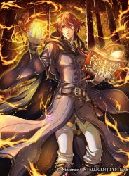 Rule 34 | 1boy, belt, book, boots, copyright name, etzel (fire emblem), fire, fire emblem, fire emblem: mystery of the emblem, fire emblem cipher, jewelry, long hair, low ponytail, male focus, monocle, nintendo, official art, red eyes, red hair, ring, solo, sparkle, teeth, tree