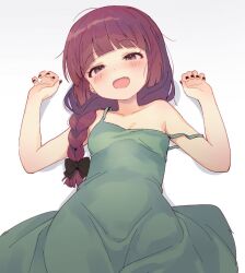 Rule 34 | 1girl, aged down, black bow, black nails, blunt bangs, blush, bocchi the rock!, bow, braid, dress, fang, green dress, hair bow, hair over shoulder, hiroi kikuri, long hair, looking at viewer, lying, nail polish, on back, open mouth, purple eyes, purple hair, simple background, single braid, sleeveless, smile, solo, strap slip, white background, wolflove
