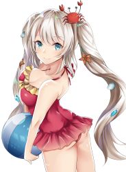Rule 34 | 1girl, absurdres, ass, ball, beachball, blue eyes, blush, breasts, cleavage, crab, fate/grand order, fate (series), furumiya neko, highres, long hair, marie antoinette (fate), marie antoinette (fate/grand order), marie antoinette (swimsuit caster) (fate), marie antoinette (swimsuit caster) (first ascension) (fate), medium breasts, one-piece swimsuit, red one-piece swimsuit, silver hair, smile, solo, starfish, swimsuit, swimsuit skirt, twintails, white background